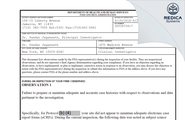 FDA 483 - Sundar Jagannath, MD [New York / United States of America] - Download PDF - Redica Systems