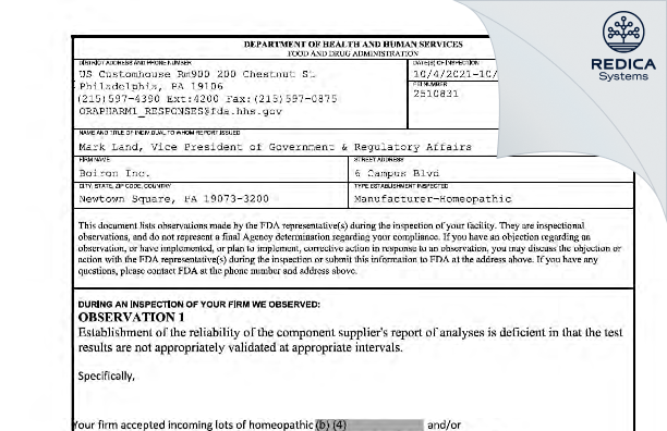 FDA 483 - Boiron Inc. [Newtown Square Pennsylvania / United States of America] - Download PDF - Redica Systems