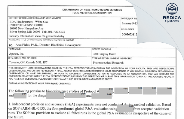 FDA 483 - Apotex Inc. BioClinical Development Bioanalytical Laboratory [Toronto / Canada] - Download PDF - Redica Systems