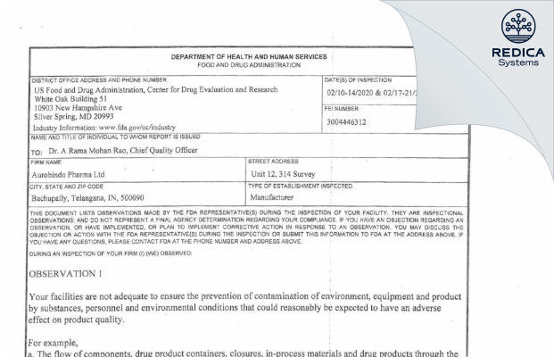 FDA 483 - Aurobindo Pharma Limited [India / India] - Download PDF - Redica Systems