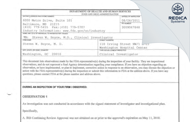 FDA 483 - Steven W. Boyce, M. D. [Washington / United States of America] - Download PDF - Redica Systems