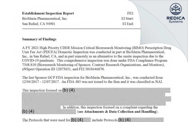 EIR - BioMarin Pharmaceutical Inc. [San Rafael / United States of America] - Download PDF - Redica Systems