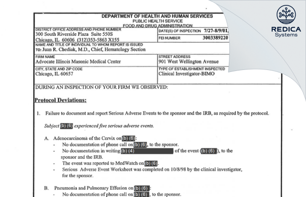 FDA 483 - Chediak, Juan, M.D. [Chicago / United States of America] - Download PDF - Redica Systems