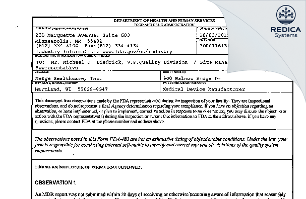 FDA 483 - Merge Healthcare, Inc. [Hartland / United States of America] - Download PDF - Redica Systems