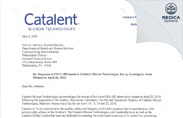 FDA 483 Response - Catalent Micron Technologies, Inc. [Malvern Pennsylvania / United States of America] - Download PDF - Redica Systems