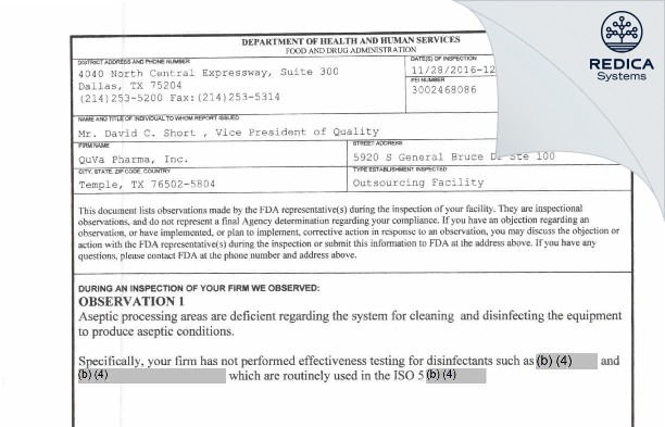 FDA 483 - QuVa Pharma, Inc. [Temple / United States of America] - Download PDF - Redica Systems