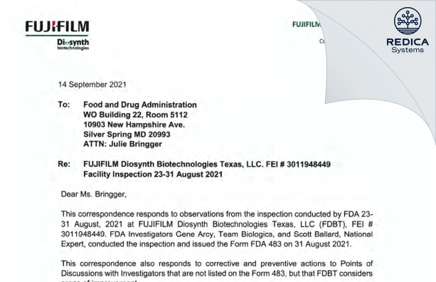 FDA 483 Response - FUJIFILM Diosynth Biotechnologies Texas, LLC [College Station / United States of America] - Download PDF - Redica Systems