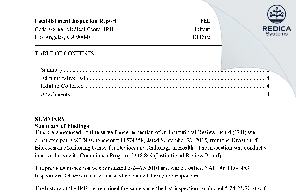 EIR - Cedars-Sinai Medical Center IRB [Los Angeles / United States of America] - Download PDF - Redica Systems