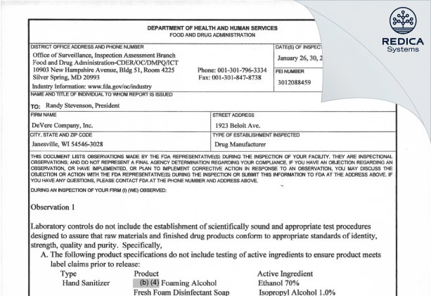 FDA 483 - DeVere Company, Inc. [Janesville / United States of America] - Download PDF - Redica Systems