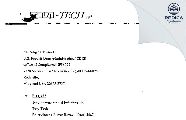 FDA 483 Response - Assia Chemical Industries Ltd. - Teva Tech Site [Be'er Sheva / Israel] - Download PDF - Redica Systems