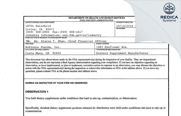 FDA 483 - Robinson Pharma, Inc. [Costa Mesa / United States of America] - Download PDF - Redica Systems
