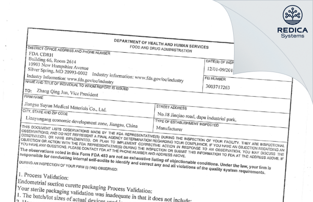 FDA 483 - Jiangsu Suyun Medical Materials Co., Ltd. [Lianyungang / China] - Download PDF - Redica Systems