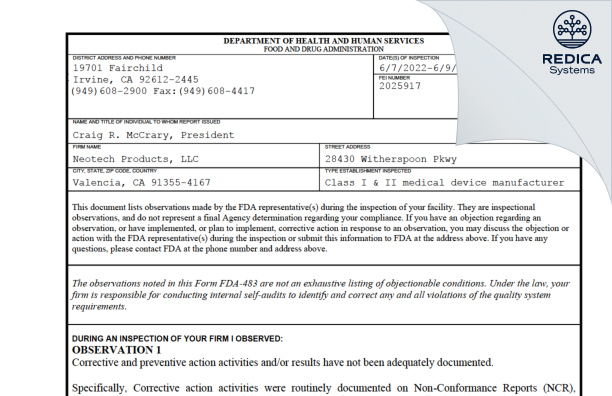 FDA 483 - Neotech Products, LLC [Valencia / United States of America] - Download PDF - Redica Systems