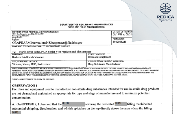 FDA 483 - Bachem SA, succursale de Vionnaz [Vionnaz / Switzerland] - Download PDF - Redica Systems