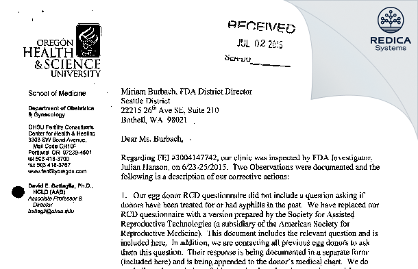 FDA 483 Response - Oregon Health & Science University [Portland / United States of America] - Download PDF - Redica Systems