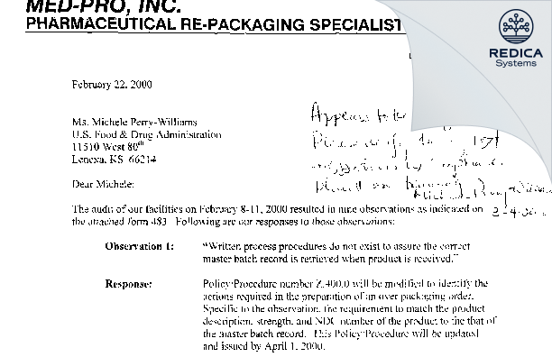 FDA 483 Response - EPM Packaging Inc [Lexington / United States of America] - Download PDF - Redica Systems