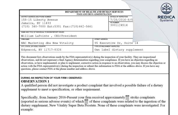 FDA 483 - NAC Marketplace Company, LLC [Hauppauge / United States of America] - Download PDF - Redica Systems