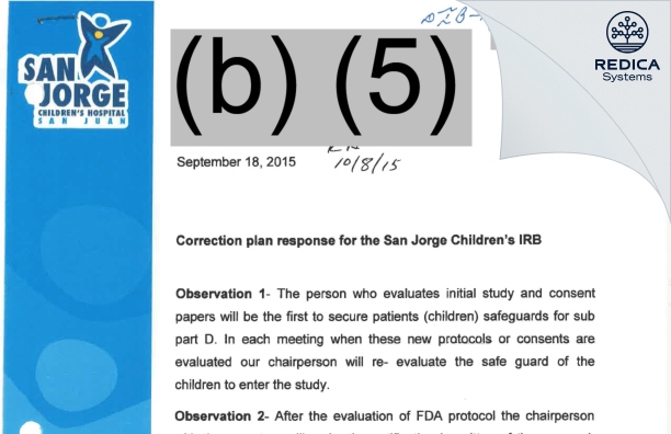 FDA 483 Response - San Jorge Children's Hospital IRB [San Juan / United States of America] - Download PDF - Redica Systems