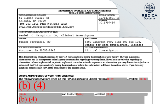 FDA 483 - Daniel C. Tarquinio, DO [Norcross / United States of America] - Download PDF - Redica Systems