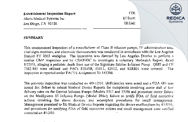 EIR - CareFusion 303, Inc. [San Diego / United States of America] - Download PDF - Redica Systems
