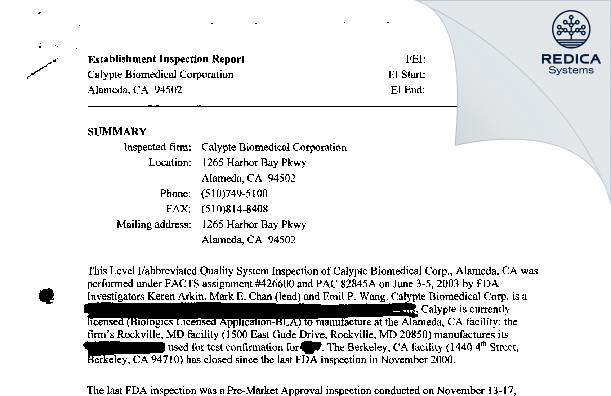 EIR - Calypte Biomedical Corp [Alameda / United States of America] - Download PDF - Redica Systems