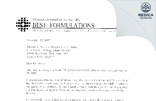FDA 483 Response - Best Formulations Inc. [City Of Industry California / United States of America] - Download PDF - Redica Systems