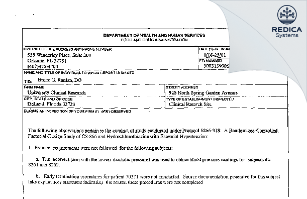 FDA 483 - Rankin, Bruce, DO [Deland / United States of America] - Download PDF - Redica Systems