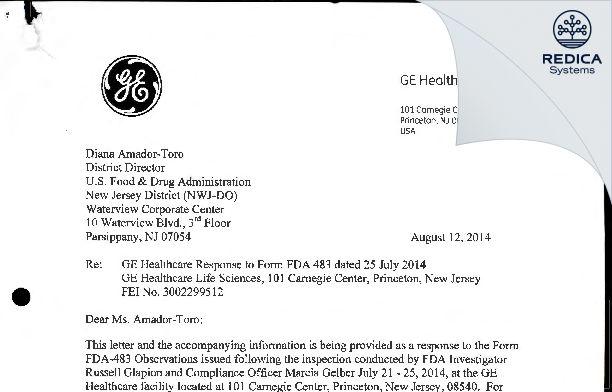 FDA 483 Response - GE Healthcare, Inc. [Princeton / United States of America] - Download PDF - Redica Systems