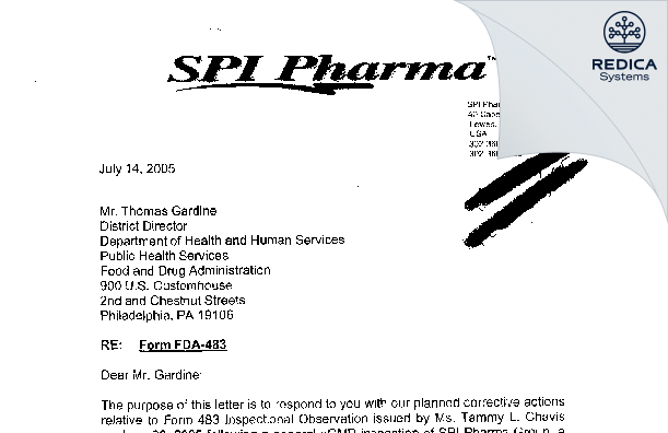 FDA 483 Response - SPI Pharma Inc [Lewes / United States of America] - Download PDF - Redica Systems