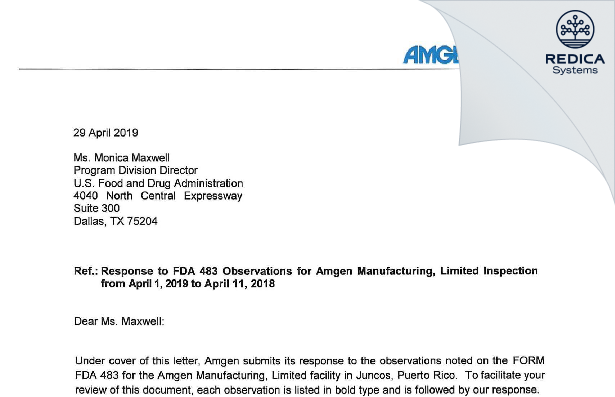 FDA 483 Response - Amgen Manufacturing Ltd [Rico / United States of America] - Download PDF - Redica Systems