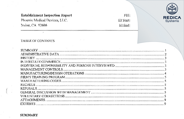 EIR - Phoenix Medical Devices, LLC [Irvine / United States of America] - Download PDF - Redica Systems