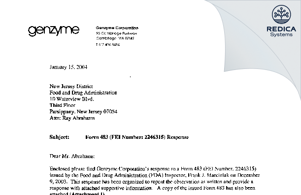 FDA 483 Response - Genzyme Corporation [Jersey / United States of America] - Download PDF - Redica Systems