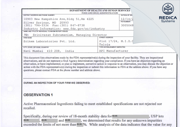 FDA 483 - SRIKEM LABORATORIES PRIVATE LIMITED [Navi Mumbai / India] - Download PDF - Redica Systems