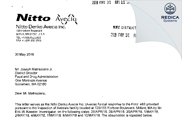FDA 483 Response - Nitto Denko Avecia Inc. [Milford / United States of America] - Download PDF - Redica Systems