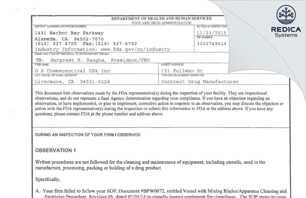FDA 483 - G.S. COSMECEUTICAL USA, INC. [Livermore / United States of America] - Download PDF - Redica Systems