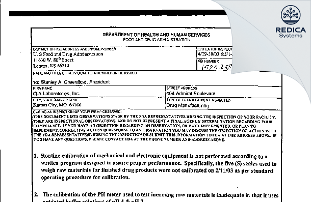 FDA 483 - Q.A. Laboratories [Kansas City / United States of America] - Download PDF - Redica Systems