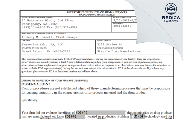 FDA 483 - Fresenius Kabi USA, LLC [York / United States of America] - Download PDF - Redica Systems