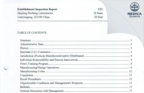 EIR - ZheJiang Ruibang Laboratories [- / China] - Download PDF - Redica Systems
