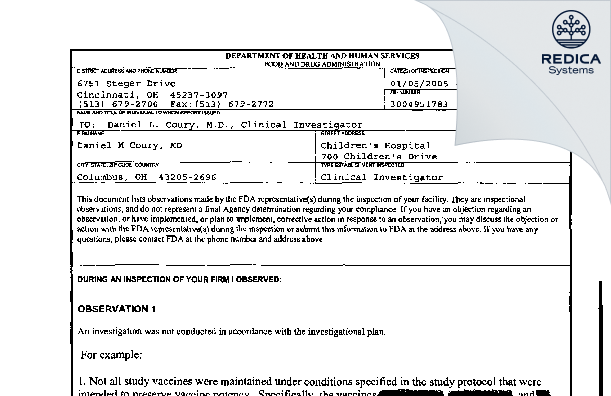 FDA 483 - Daniel L Coury MD [Columbus / United States of America] - Download PDF - Redica Systems