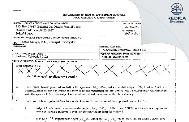 FDA 483 - Savage, Susan M.D. [Littleton / United States of America] - Download PDF - Redica Systems