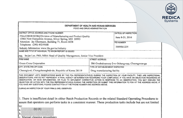 FDA 483 - GC Biopharma Corp_Ochang Plant [Korea South / Korea (Republic of)] - Download PDF - Redica Systems