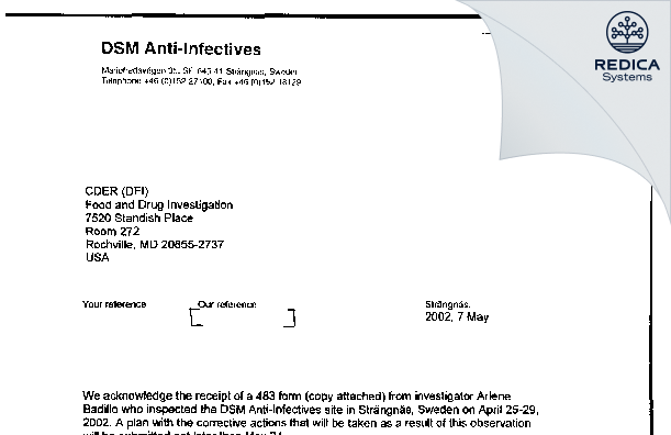 FDA 483 Response - DSM Anti-Infectives [Strangnas / Sweden] - Download PDF - Redica Systems