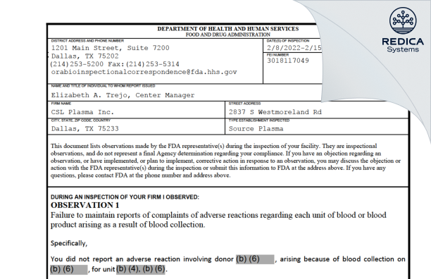 FDA 483 - CSL Plasma Inc. [Dallas / United States of America] - Download PDF - Redica Systems