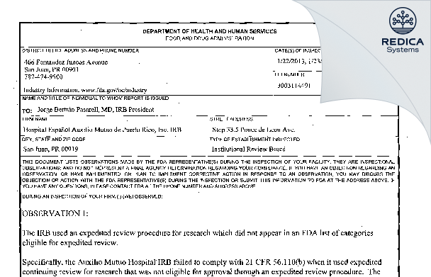 FDA 483 - Hospital Espanol Auxilio Mutuo de Puerto Rico, Inc. IRB [San Juan / United States of America] - Download PDF - Redica Systems