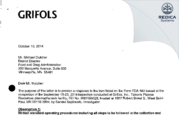 FDA 483 Response - Talecris Plasma Resources, Inc [Saint Paul / United States of America] - Download PDF - Redica Systems