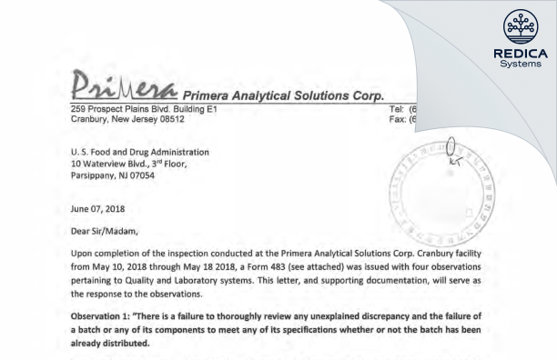 FDA 483 Response - Primera Analytical Solutions Corporation [Jersey / United States of America] - Download PDF - Redica Systems