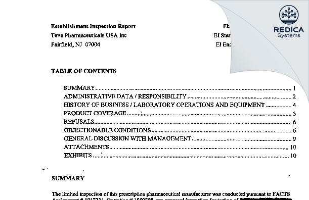 EIR - Teva Pharmaceuticals USA, Inc. [Fairfield / United States of America] - Download PDF - Redica Systems