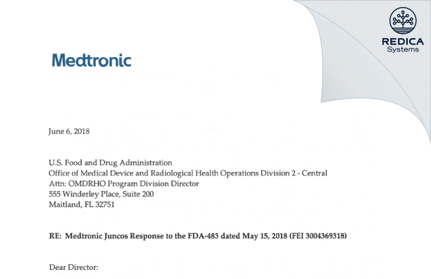 FDA 483 Response - Medtronic Puerto Rico Operations Co. [Juncos / United States of America] - Download PDF - Redica Systems