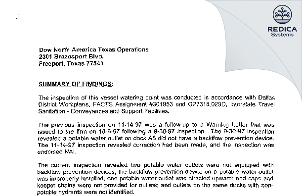 EIR - Dow North America Texas Operations [Freeport / United States of America] - Download PDF - Redica Systems