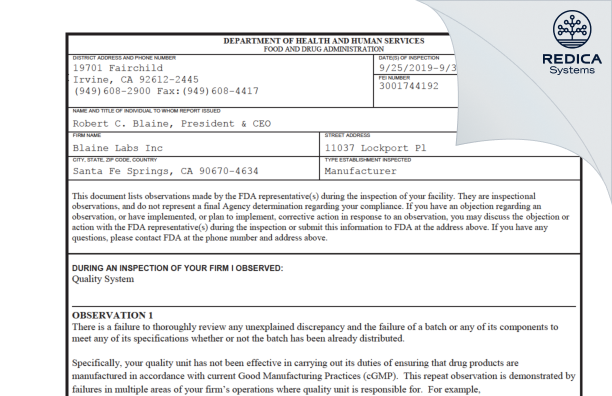 FDA 483 - Blaine Labs Inc. [Santa Fe Springs California / United States of America] - Download PDF - Redica Systems
